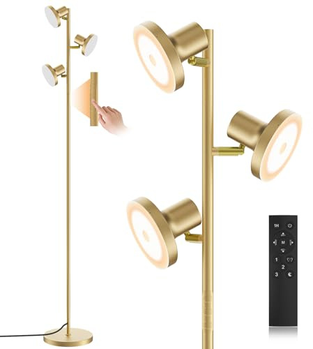 SIBRILLE Stehlampe Wohnzimmer 36W 2500LM Stehlampe LED Dimmbar, Fernbedienung&Touch-Steuerung, 2700K-6500K 3-Licht Leselampe Stehleuchte Moderne Deckenfluter LED Dimmbar für Wohnzimmer Büro, Gold