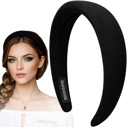 DEIMODRA - Cerchietto Capelli Nero Imbottito Donna Elegante, Frontino Bombato in Tessuto, Accessori Capelli, 3 cm