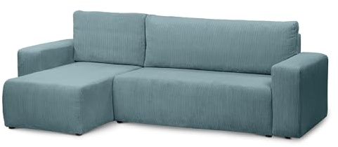 pillovely Cord Ecksofa mit Schlaffunktion, 244x142x83 cm, Petrol, 3-Sitzer, Bettkasten, 90 kg