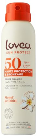 LOVEA - Brume FPS 50 Haute Protection Solaire UVA/UVB & Bronzage - Monoï de Tahiti - Visage & Corps - Résistante à l'eau - Fini Invisible - Testé Dermatologiquement - Fabriqué en France - 150ml