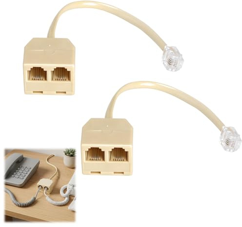 HENGBIRD 2 Stück RJ11 Telefonsplitter 1 auf 2, Telefonadapter 6P4C, RJ11 Stecker auf 2 RJ11 Buchsen, Telefonkabel Splitter für Telefon und Faxgerät, Beige