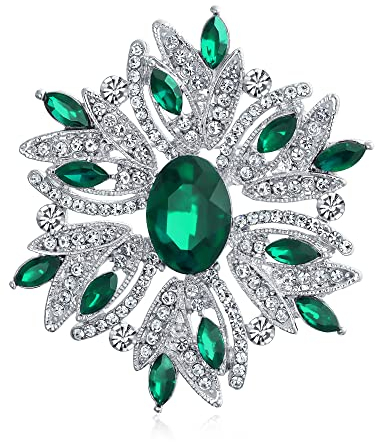 Bling Jewelry Große Statement Vintage Stil Crystal Flower Simuliert Emerald Green Crystal Brosche Pin Für Frauen Für Mutter Versilbert