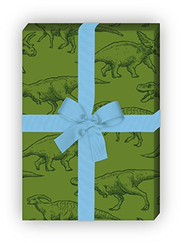 Kartenkaufrausch Klassisches Dinosaurier Geschenkpapier Set für die Forscher von morgen und für tolle Geschenk Verpackung, 4 Bögen Musterpapier, Dekorpapier zum basteln 32 x 48cm, auf grün