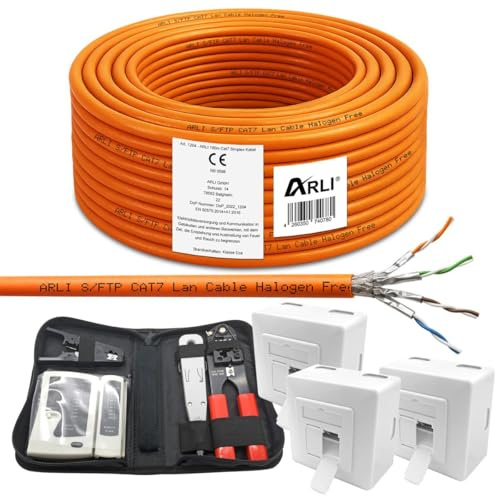 ARLI CAT 7 100m Verlegekabel Netzwerkkabel CAT.7 + 3x Netzwerkdose Cat6a + 1x Werkzeugset Crimpzange Abisoliermesser Tester Netzwerk Werkzeug Set 4 in 1 S/FTP CAT7 PIMF Kabel AWG23/1 Ethernet 100 m