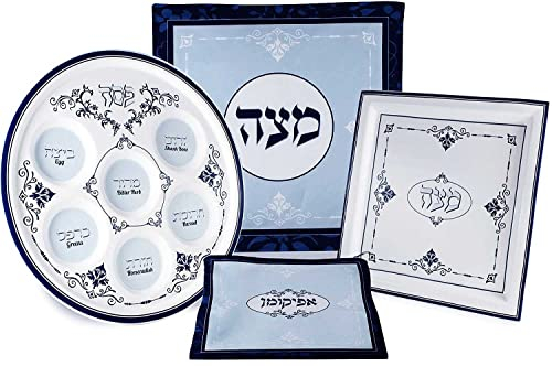 Juego completo de vajilla Pesach Seder Renaissance Collection – Incluye plato de seder, plato cuadrado Matzah, cubierta Matzo Afikoman para decoración de mesa de Pascua por Zion Judaica