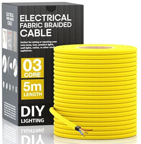 5m Yellow Flex 3 Core Vintage Fabric Braided 0.75mm, DCVOLTAGE Antique Cord | 3 Conductor Lighting Cable Lamp Wire Flexible Cable Electrical Wire for DIY Industrial Pendant Lights Decor Appliances