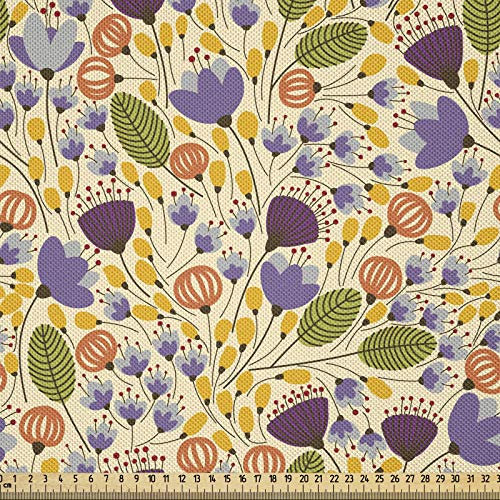 ABAKUHAUS Bunt Stoff als Meterware, Romantisches Gekritzel Retro, Seidiger Satin Stoff für Polster Heimtextilien, 1M (148x100cm), Hellgelb Lila