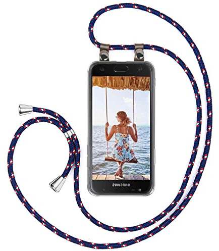 moex Handykette für Samsung Galaxy J3 (2017) Hülle mit Band abnehmbar, Handyhülle mit Kette zum Umhängen, Handyband Kordel Umhängehülle, Necklace Handy Umhängeband, Blau Rot