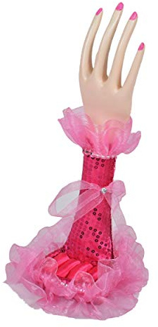 Porte Bijoux Main décorative Vintage Original Présentoir Pour Colliers, Boucles D'oreilles, Pendentif Bracelets Fantaisie ou décorative Bois et Tissu Crochet en Métal H.28cm Coloris Fushia