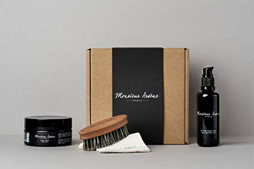 MONSIEUR ARSÈNE - Coffret Gel-Crème/Masque/Brosse à Barbe - Gel-Crème Visage & Barbe + Masque à Barbe + Brosse en Poirier et Fibres de Cactus - Fabrication Française Artisanale - Vegan - Cruelty Free
