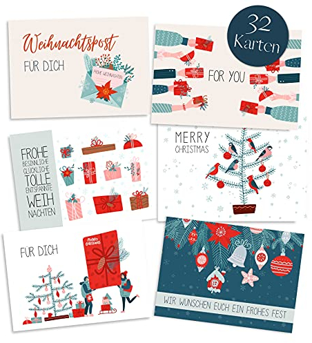 Weihnachtskarten Set (32 Stück) mit unterschiedlichen Motiven - A6 Postkarten für Weihnachten - Eine Christmas Postkarte für jeden deiner Liebsten - Coole Weihnachtspostkarten mit und ohne Sprüche