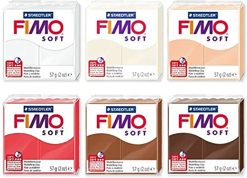 FIMO Pâte à modeler au four polymère souple - 57 g - Lot de 6 - Couleurs chaudes et neutres, chair, blanc, sahara, chocolat, caramel, rose antique