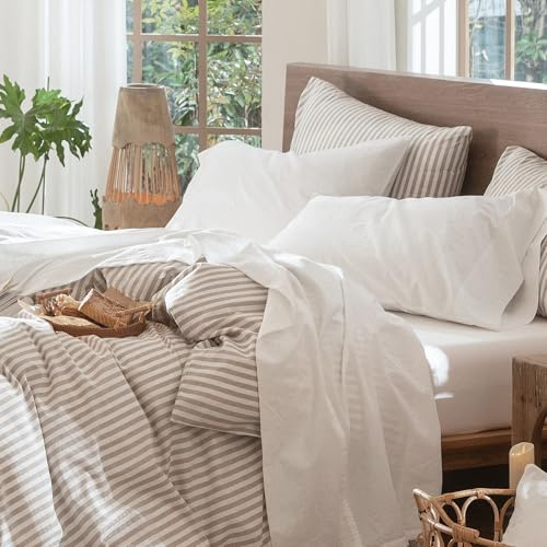 MooMee Bettwäsche-Set, 100 % gewaschene Baumwolle, leinenähnlich, strukturiert, atmungsaktiv, langlebig, weich, bequem (Solid Off White, King-Size)