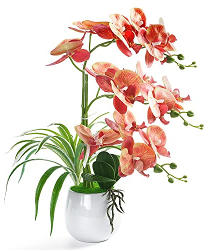 W&W künstliche orchideen im Topf wie echt, künstliche Orchidee Kunstblumen und kunstpflanzen mit Vase,48cm,Orange
