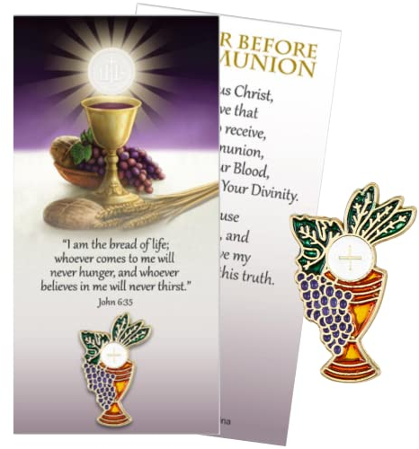 Bread of Life Religious First Communion Lapel Pin with Card, Prayer Cards for Devotions and Communions, Men and Women Religion Devotional, Age 13 and Up