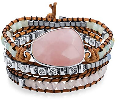 Boho Fatto A Mano Saggio Albero Della Vita Medaglione Di Guarigione Pietra Naturale Genuina Quarzo Rosa Acqua Amazzonite Perline Marrone Multi Filo Bracciale Avvolgere Triplo Per Le Donne Regolabile