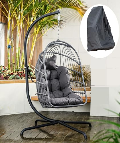 MOJIA Hängesessel mit Gestell Polyrattan mit Kissen & Abdeckhaube, Hängesessel Outdoor&Indoor Faltbarer Hängestuhl Belastbar bis 190 kg (Grau)