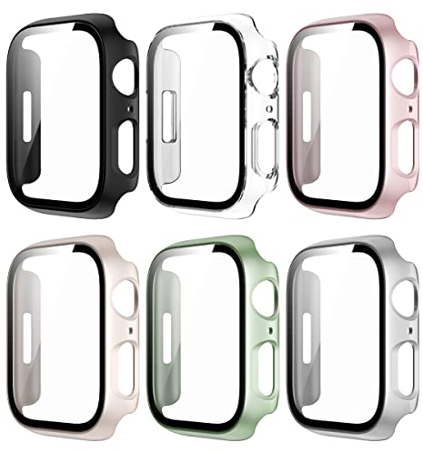 Haojavo 6er Pack Hard PC Schutzhülle für Apple Watch Series 9 Series 8 Series 7 45mm, iWatch Hülle Mit Glas Displayschutz, schutzfolie gehärtetem Glas Gesamtblasenfreie Abdeckung für iWatch-Zubehör