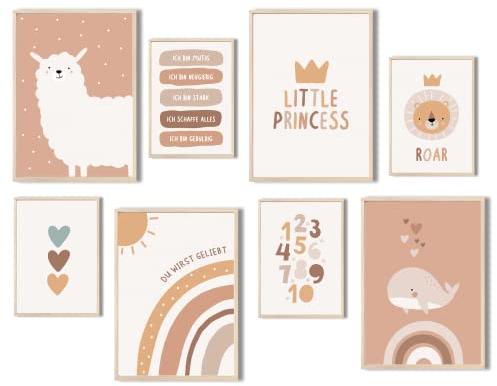 MeinBaby123® Poster Kinderzimmer | 8er Set DIN A4 & DIN A5 Poster Set | Wandbilder | Deko Bilder Kinderzimmer | Boho | Babyzimmer Deko | Wandposter Premium (Alpaka & Freunde 8er Set)