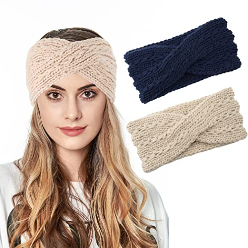 Fashband Winter Stricken Stirnbänder Twist Ohrwärmer Haarband Häkeln geflochtene Turban Haarschmuck für Frauen und Mädchen (2er Pack)(Marineblau)