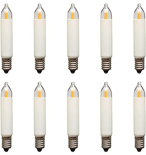 Erzgebirgslicht - AUSWAHL - 10 Stück LED Filament Kleinschaftkerze 34V 0,2W E10 für 7 Brennstellen Ersatzbirne Glühbirne Minischaftkerze Glühlämpchen für Lichterketten Pyramide und Schwibbogen