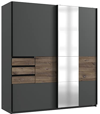 Lomadox Schlafzimmer Schwebetürenschrank mit 3 Schubkästen und Spiegel in Graphit mit Flagstaff Eiche Nb., B/H/T ca. 180/198/65 cm
