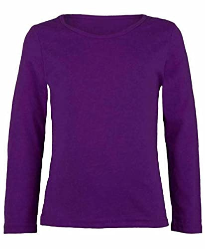 LUXFAB Kids Girls Boys New Plain Long Sleeve Basic Stretch Round Neck T-Shirt School Tee Top Size 2-13 Years Purple