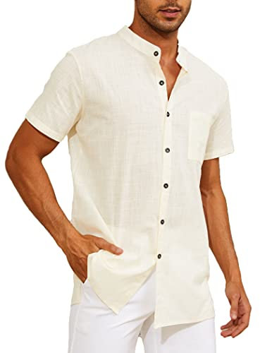 CheChury Hommes Chemises à Manches Courtes Basique Loisirs Chemise Coupe ajustée décontracté à Manches Courtes Revers été Poche à Boutonnage Simple Chemises de Plage,Beige,L