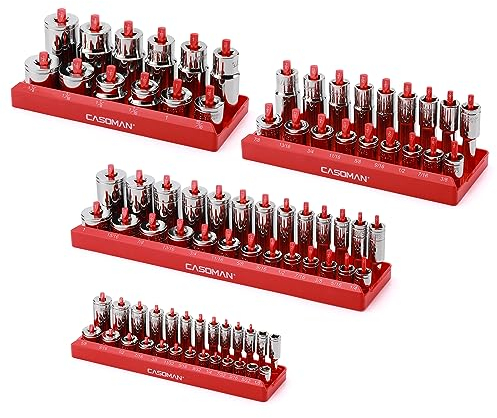 CASOMAN 4PCS Socket Tray Set, SAE, 1/2'' & 3/8'' & 1/4''Drive, Red Socket Holders and Socket Organizer Tray for Toolbox, Store 82 Deep & Shallow Sockets (CS372)