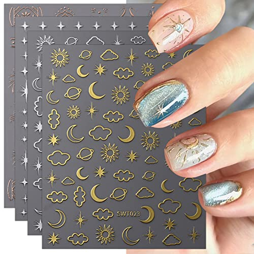 JMEOWIO 9 Sheets Moon Star Nail Art Stickers Decals Self-Adhesive Colorful Nail Supplies Nail Art Design Decoration Accessories