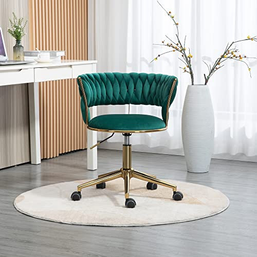 Homeoffice Stuhl Drehstuhl Schreibtischstuhl 360°-Drehstuhl aus Samt Schminkstuhl Schreibtischstuhl aus Stoff Bürostuhl mit Goldenen Beinen Höhenverstellbarer Empfangsstuhl (Smaragd)