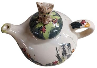 Kanne Teekanne Keramik im Design Wiese mit Katze a. 1,5 Liter