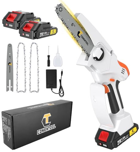 CONENTOOL 5000mAh Mini Chainsaw Cordless 6 Inch, Battery Chainsaw with Security Lock, Electric Chainsaw with 2 Battery, 1 Charger, 2 ChainsawChain, 2 Guide Bar for Garden Tree Trimming, White