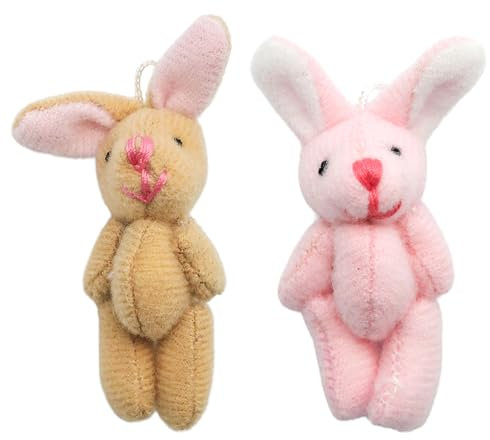 RYMAUP® 2 Stück 4.5cm Mini Kaninchen, Plüschhase Geschenk für Enkelin Puppenhauszubehör Mini-Kaninchen mit Gelenk, DIY-Dekoration, Bekleidungsmaterial Zubehör, Braun und Rosa