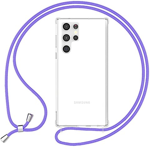 NALIA Klare Schutzhülle mit Kette kompatibel mit Samsung Galaxy S24 Ultra Hülle, Transparente Handyhülle mit Umhänge-Band, Stabile Rückseite & Silikon-Rahmen mit verstärkten Ecken, Farbe:Lila