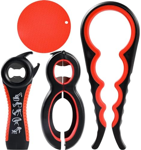 Jar Opener Gripper - 4 Pack Rubber Jar Opener for Weak Hands 6-in-1 5-in-1 Jar Bottle Openers for Seniors with Arthritis, 4-in-1 Jar Opener + Non Slip Lids Opener Gripper Pad (Red)