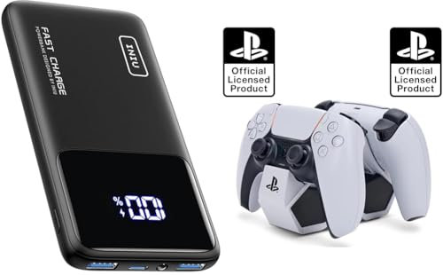 INIU Power Bank, 10000mAh Slimmest Fast Charging Portable Charger, 22.5W Mobile Phone Charger & PowerA PS5 Charging Station, Playstation 5 Dualsense Wireless Controller Charging Dock