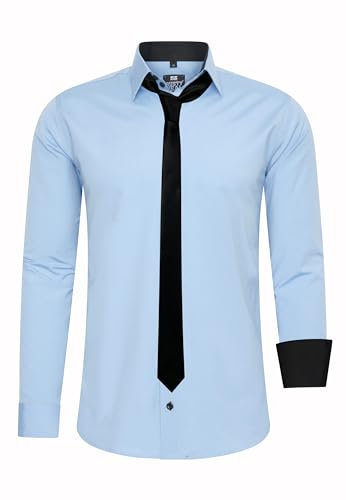 Rusty Neal Herren-Hemd Premium Slim Fit Langarm Stretch Kontrast Hemd mit Krawatte Business-Hemden Outfit Freizeithemd Set 44_99, Größe:6XL, Farbe:Hell Blau