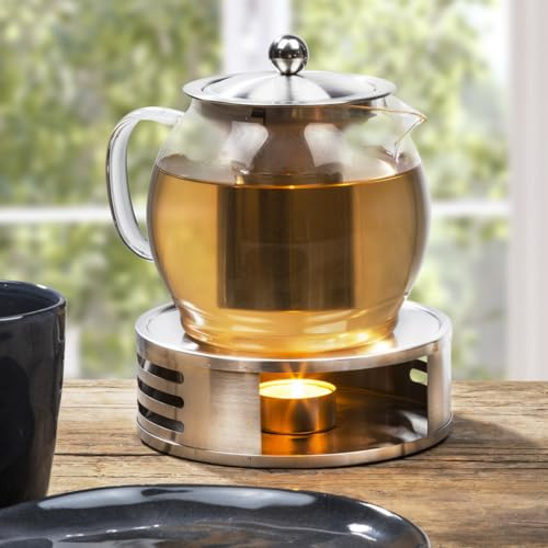 Teekanne aus Glas mit Stövchen aus Edelstahl und Teesieb
