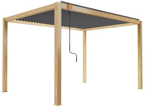 Oviala Pergola bioclimatique autoportée en Bois Anthracite 3x4m et 1 Store