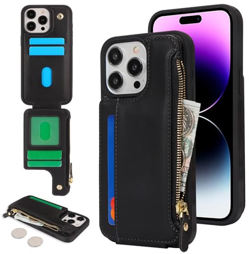 SailorTech for iPhone 14 Pro Max Phone Case with Credit Card Holder for Men, iPhone 14 Pro Max Case with Credit Card Slots Wallet Zipper Case for Women - Black