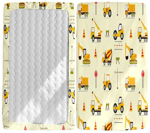 Odot Spannbettlaken für Kinderbett Babybett, Spannbetttuch aus Mikrofaser Atmungsaktiv Bettlaken Bassinet Spannbettlaken Kinderwagen Stubenwagen Matratzenschoner -Gelber Bagger, 80x160cm
