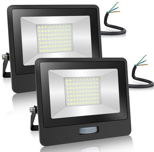 EXTRASTAR 50W Security Outdoor Lights Motion Sensor, 4280 Lumen, 241W Equivalent, IP65 Waterproof LED Floodlight with PIR, 6500K Cold White Flood Light with Sensor for Backyard, Garage, Pack of 2