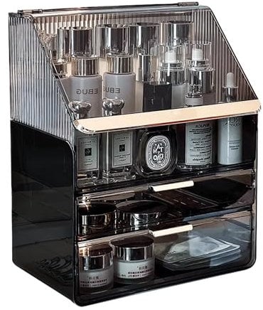 LucyStudio Organizador de Maquillaje Antipolvo Negro Organizador de Cosmético con Cajones Gran Capacidad Almacenaje Cosmeticos Cajas Soporte de Almacenamiento Cosmética para Cómoda de Baño
