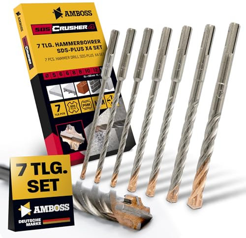 SDS+ Hammerbohrer Set 7tlg. 4X Schneiden PGM Ø 5-12mm x 160mm - AMBOSS Werkzeuge SDS Crusher 4 - HM Betonbohrer Hartmetall Profi Bohrer - Stahlbeton Steinbohrer Beton Mauerwerk Ziegel Kalksandstein