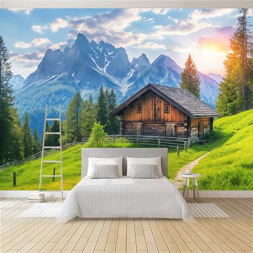 Hütte Mit Blick Auf Den Bauernhof Tapete Wandbild Fototapete Grün Vliestapete Wandtapete Foto für Modernes Design der Fernseh Hintergrund Wand-Kunst-Deko, 250x175 cm