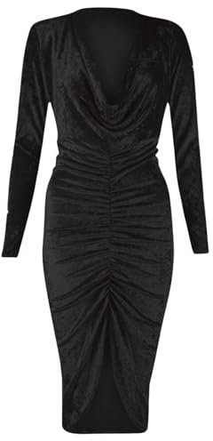 Women's Velvet Ruched Bodycon Midi Dress Ladies Long Sleeve Cowl Neck Front Ruched Party Wear Fancy Dress Black-16-18