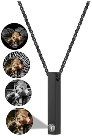 PiercingJak Herren Halskette Bild Projektion Kette mit Foto im Stein Bar Quader Vertikaler Edelstahl Anhänger Liebe Freundschaft Schmuck Personalisierte Geschenke für Männer Freund, Schwarz