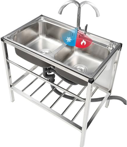 Spuelbecken Edelstahl,Freistehende Küchenspüle Spültisch 2 Becken,Spüle Küchenzeile,Waschtisch Mit Kalt- und Warm Wasserhahn-Ablaufset,Waschbecken Für Außen Innen Bad Gäste,32.7 x 17.3 x30.3