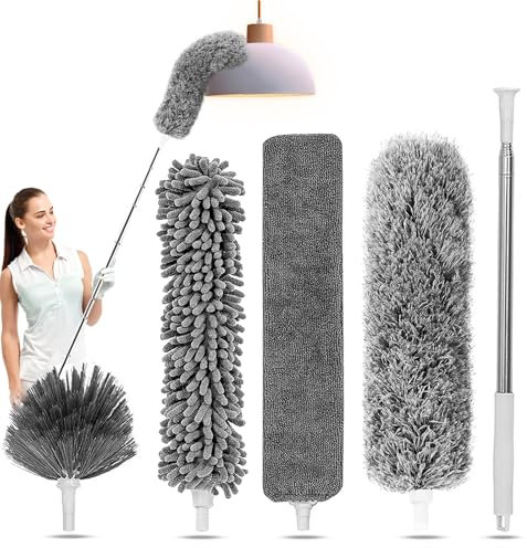 Duraone Kit de nettoyage 5 en 1, plumeau de 254 cm avec tige d'extension, plumeau extensible, plumeau en microfibre pour hauts plafonds, meubles, stores, mur - Gris